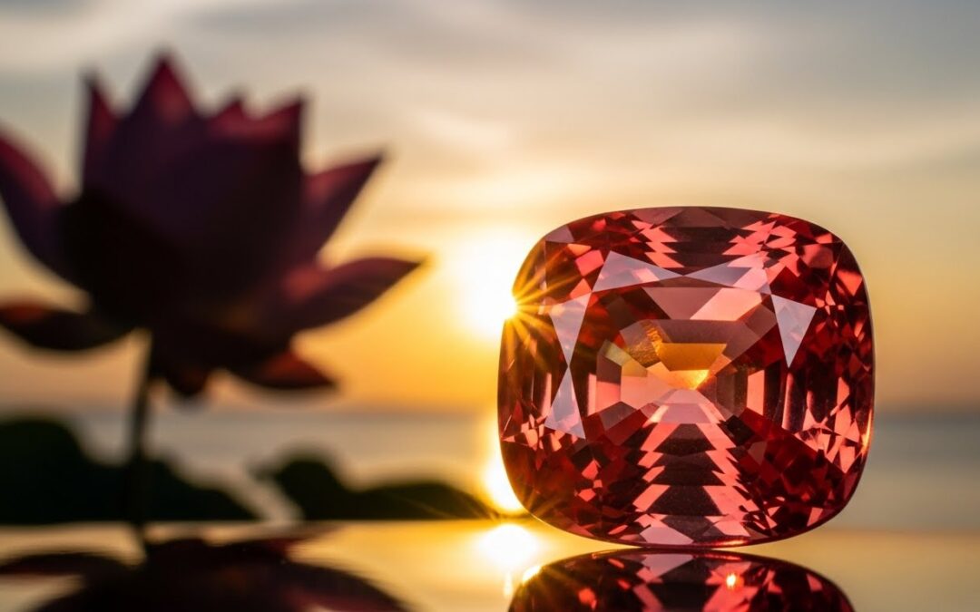 A large, stunning cushion-cut Padparadscha Sapphire with vivid pink-orange color set against a blurred tropical sunset. Rarest sapphire.