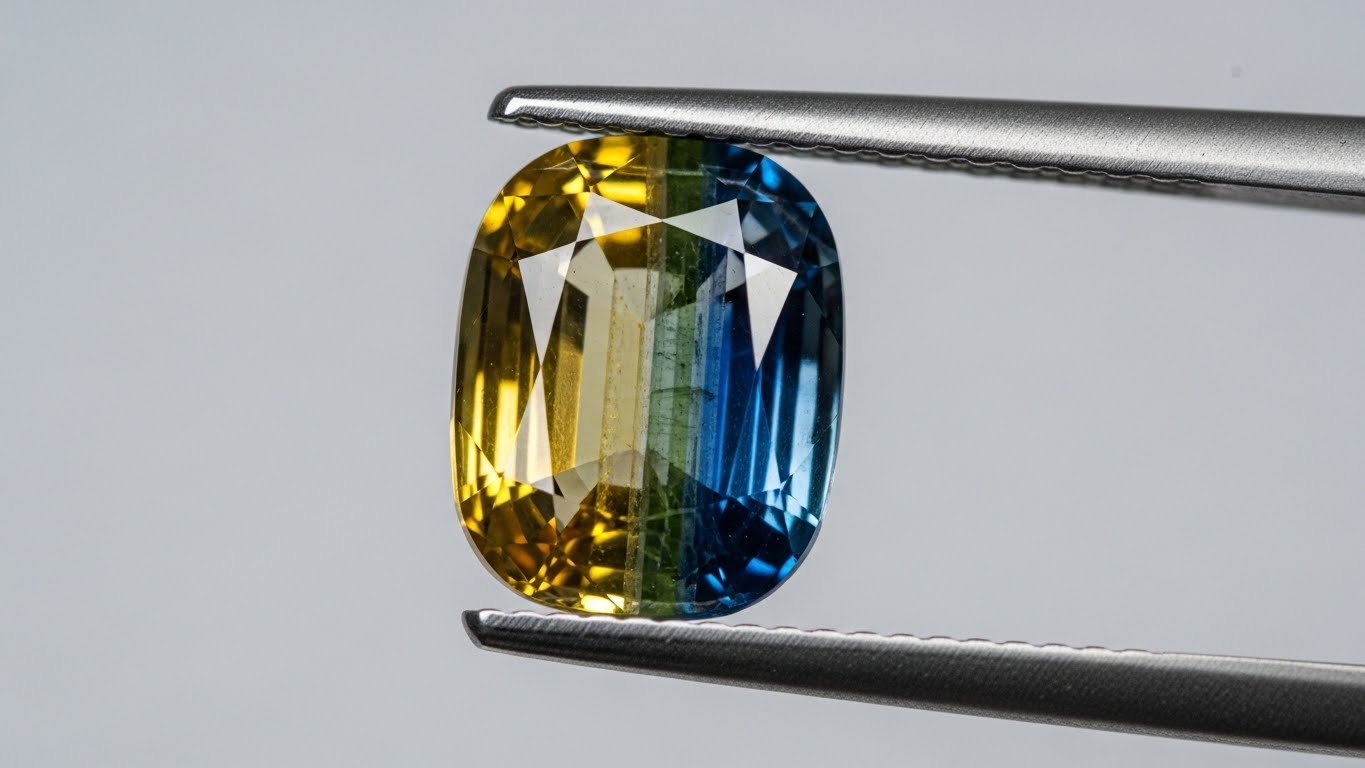 A rare Australian Parti sapphire displaying unique blue and yellow color zoning.