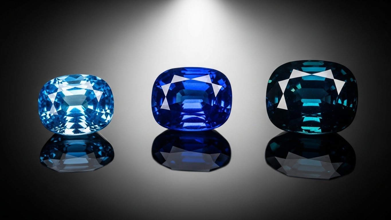 A visual comparison of blue sapphires from Sri Lanka, Madagascar, and Australia.