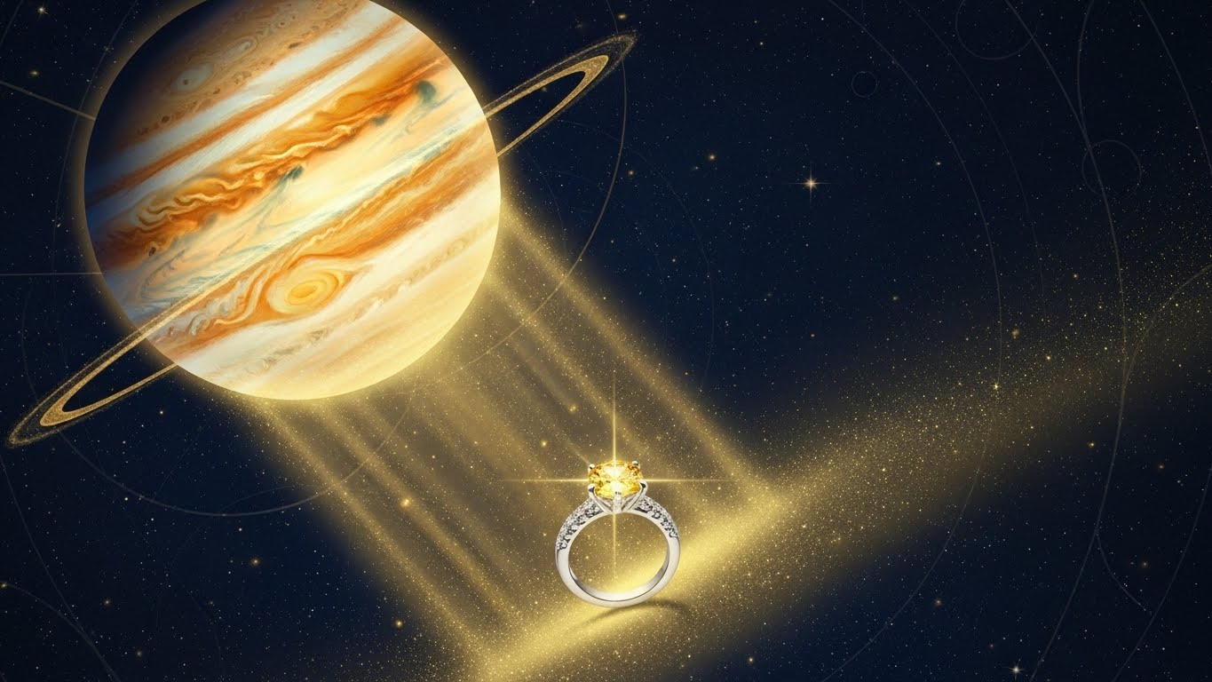 Stylized image showing the planet Jupiter casting a golden light onto a Yellow Sapphire ring, illustrating the Yellow Sapphire Planet connection.