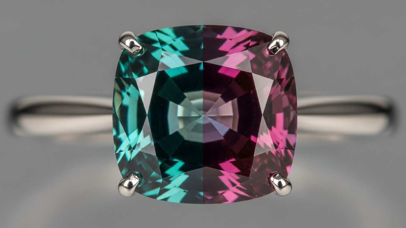 Side-by-side view of an Alexandrite gemstone showing its color shift from green (daylight) to red (incandescent), highlighting the color-change effect.