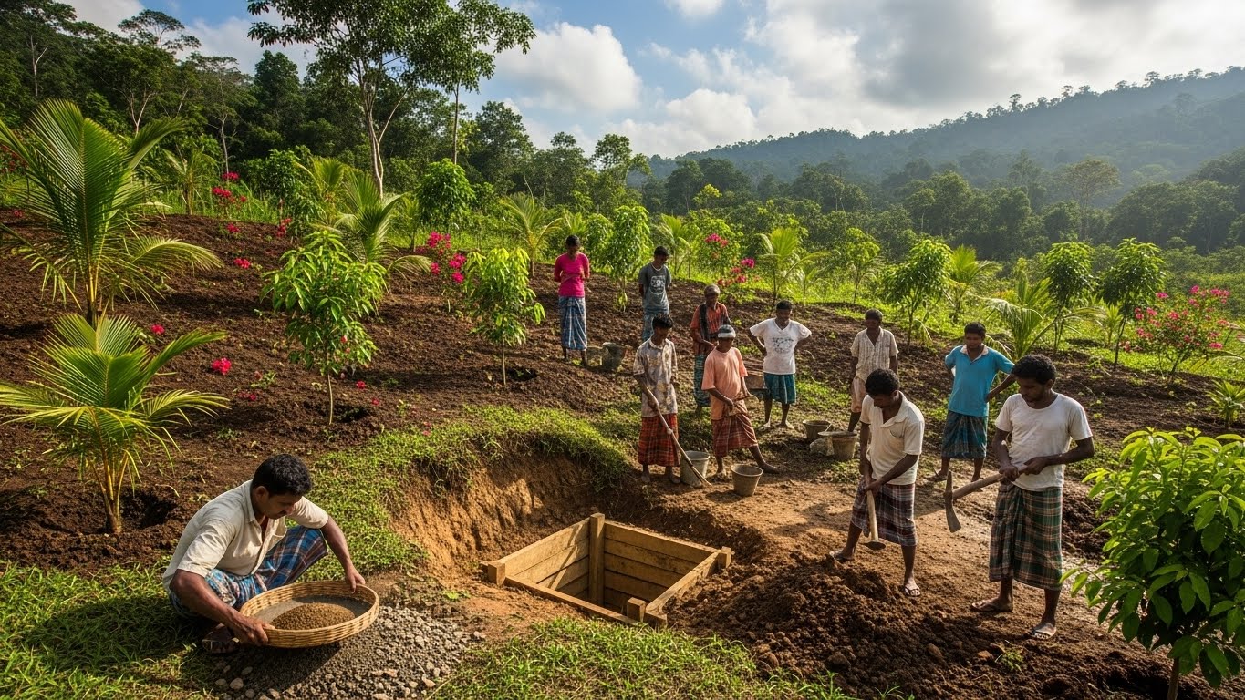 Traditional artisanal gem mining in Sri Lanka, emphasizing low environmental impact.