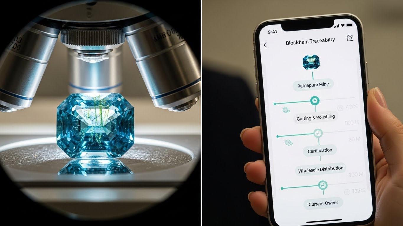 Digital blockchain certificate verifying the ethical journey of a Sri Lankan teal sapphire.