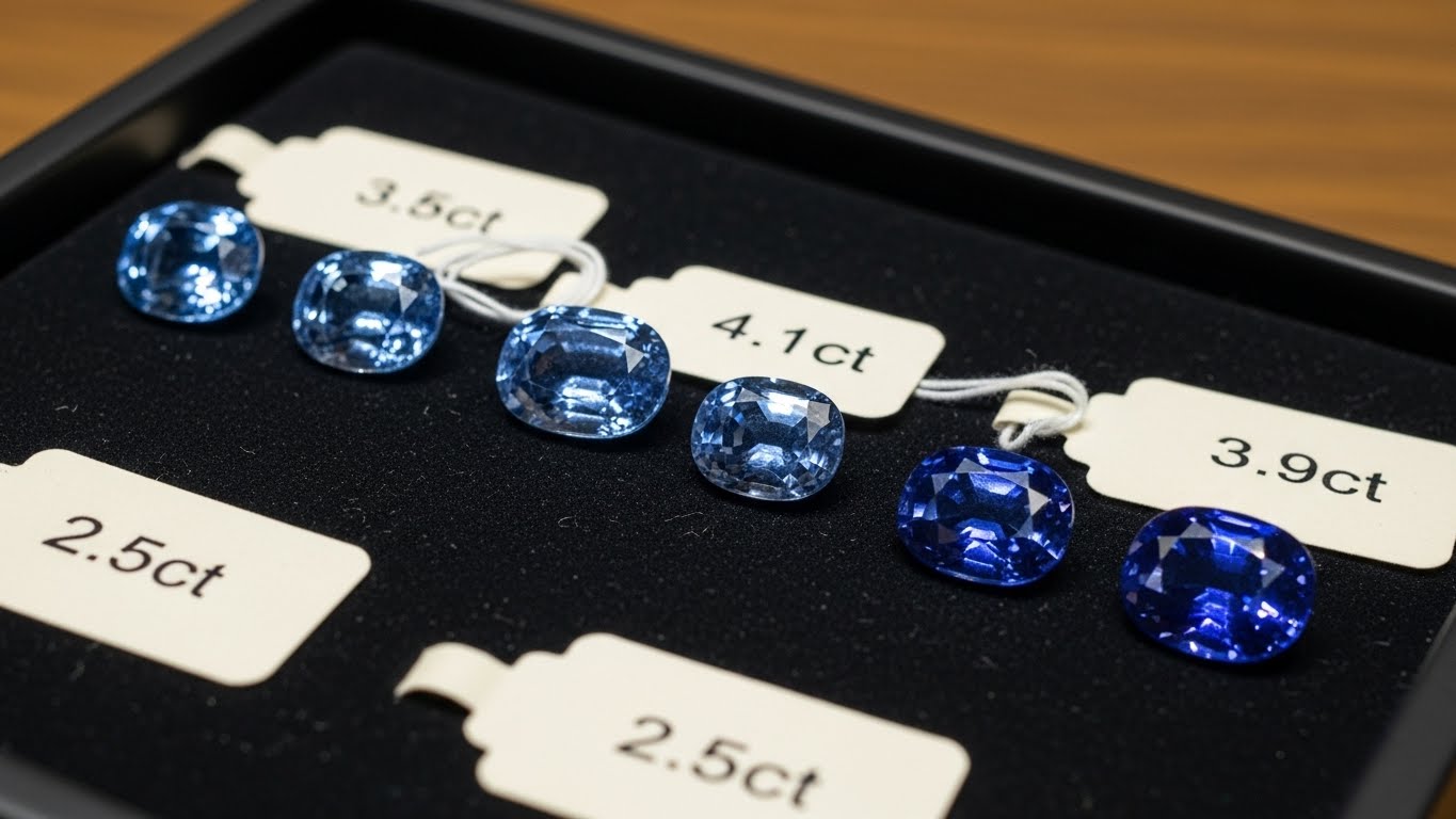 Different grades and colors of Sri Lankan blue sapphires for price comparison.