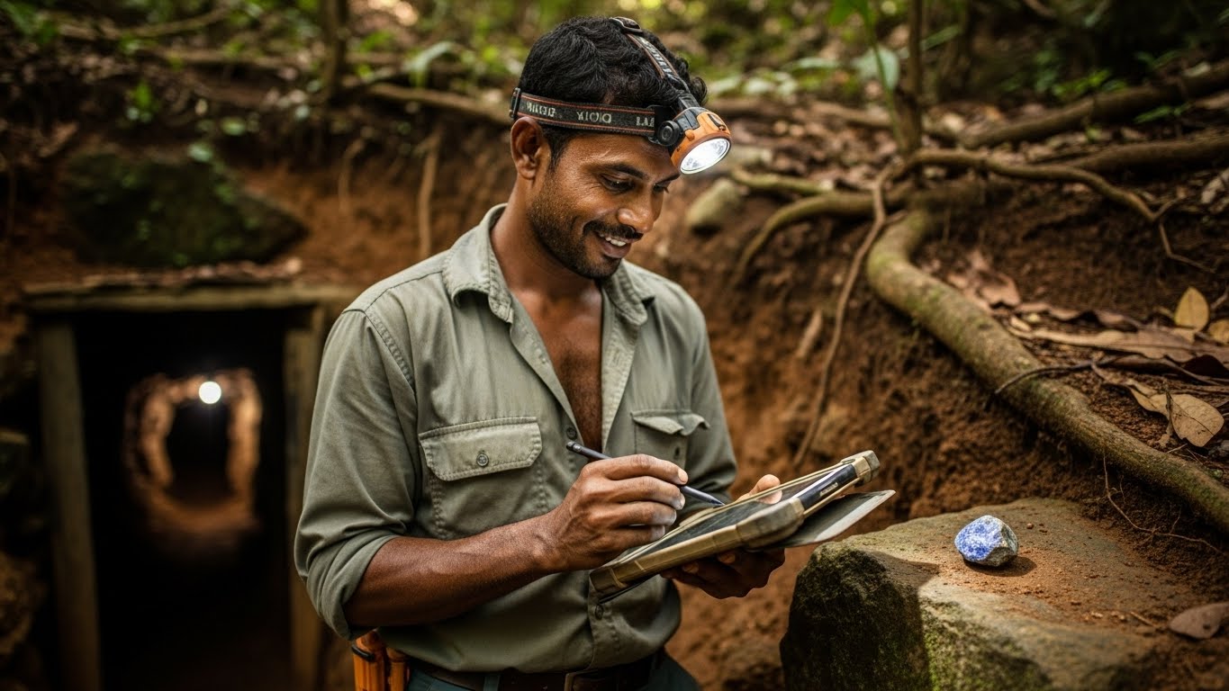 Sri Lankan miner recording origin data for a rough gem, emphasizing ethical sourcing and digital traceability at the mine site.