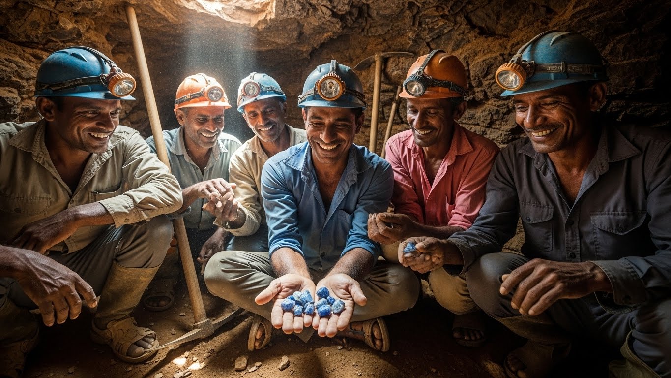 Group of Sri Lankan gemstone miners smiling, representing ethical sourcing and the fair labor and community welfare supported by the operation.