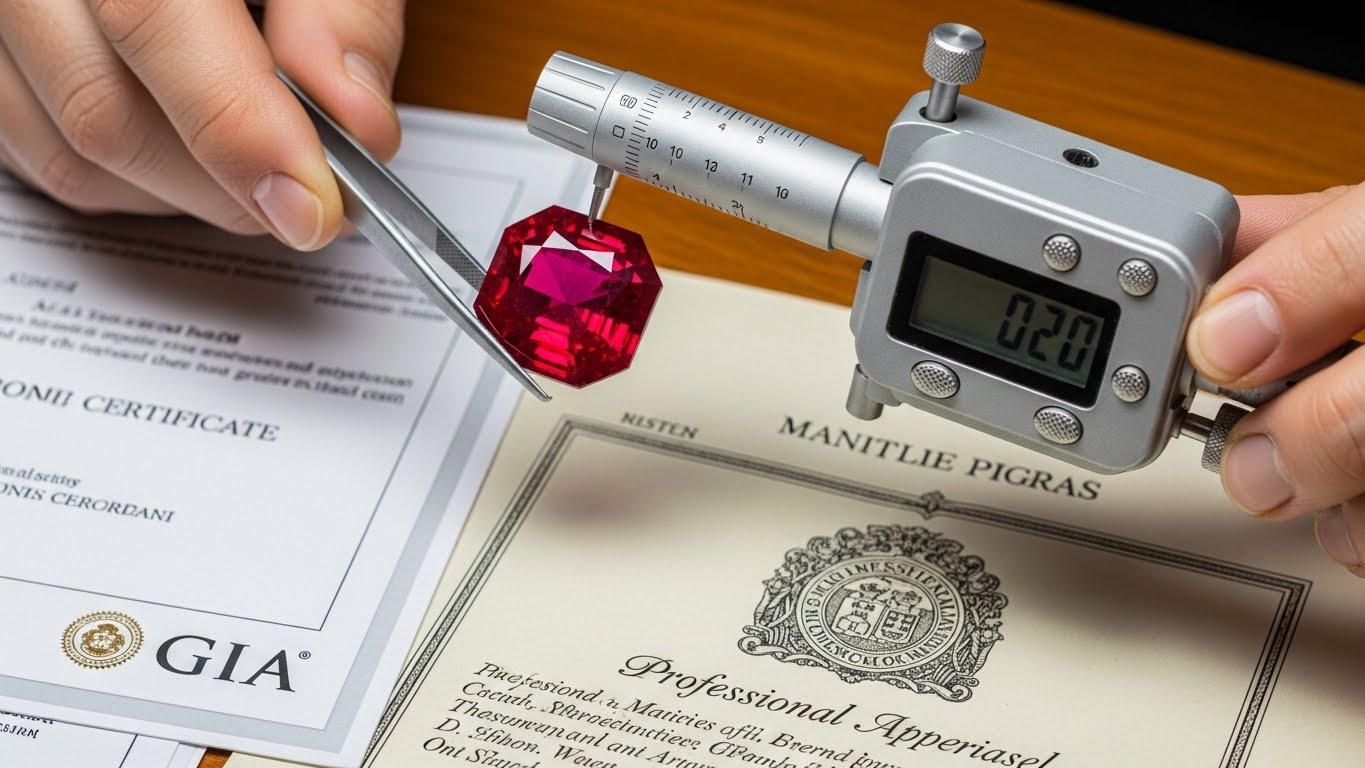A professional appraisal being conducted for high-value gemstone insurance