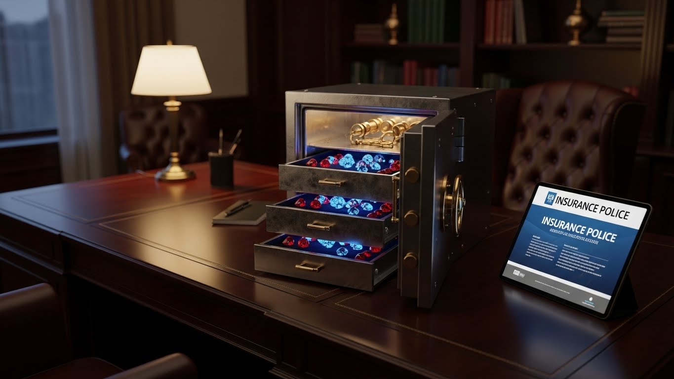 A high-end home office setting. On a dark wood desk, a heavy, open steel safe reveals velvet-lined drawers filled with glowing blue and red gemstones. Next to the safe is a modern tablet showing a digital insurance policy.