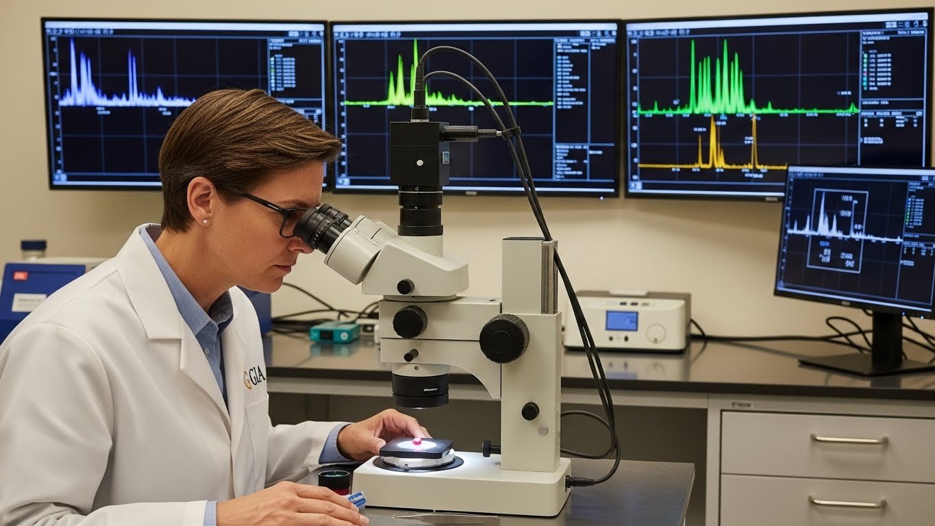 GIA gemologist performing scientific analysis on a ruby to detect treatments.