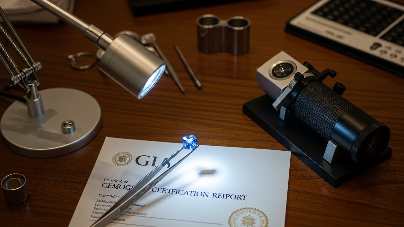 A GIA certified unheated blue sapphire being inspected by a gemologist for quality evaluation.