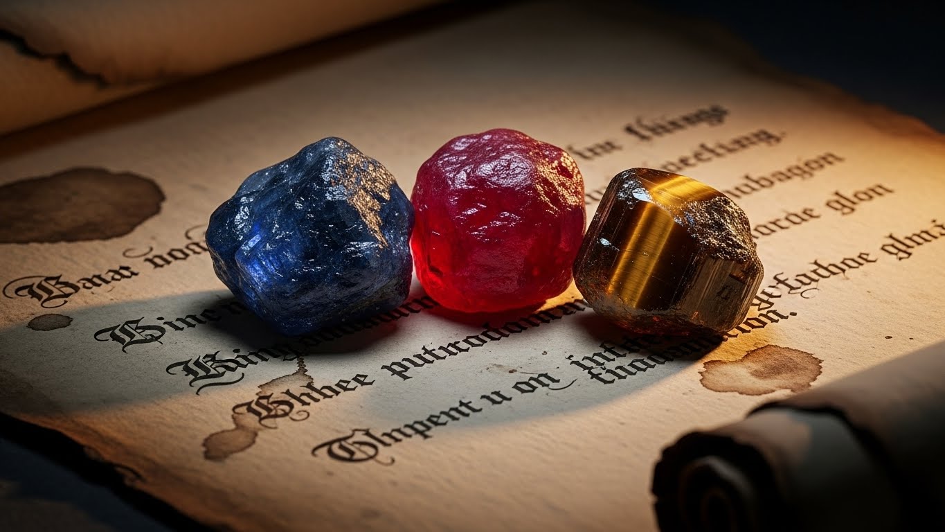 Rough, uncut gemstones (ruby, sapphire, chrysoberyl) lying on an antique map, symbolizing the legendary King Solomon's gems and the ancient history of Ratnapura.