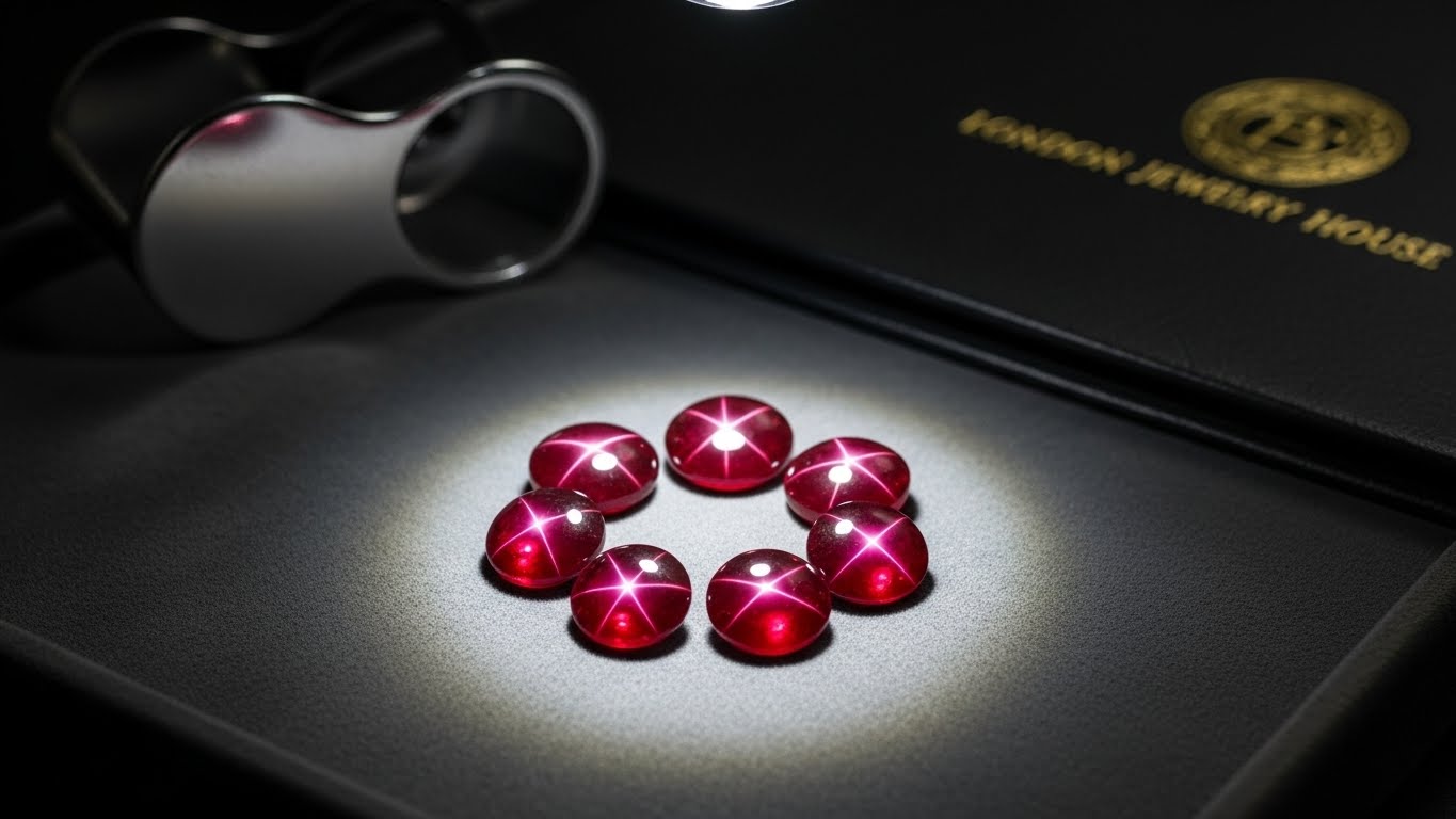 A matched suite of six unheated Sri Lankan Star Rubies sourced for a London jeweler.