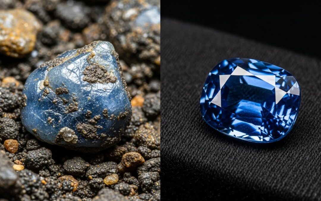 Visual representation of a rough Ceylon sapphire crystal transforming into a polished gem, illustrating the Mine to Market process for Premium Gems Lanka.