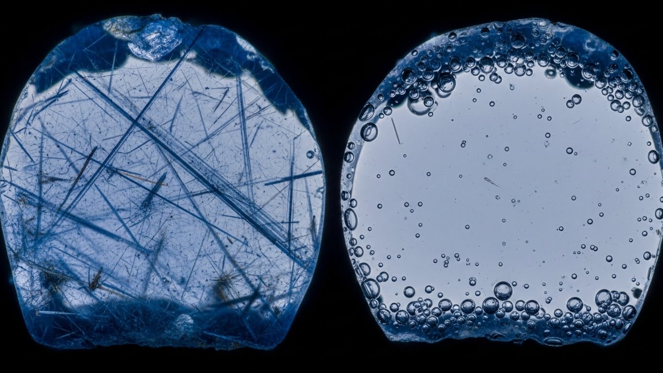 Microscopic view contrasting the fine silk inclusions in a natural sapphire vs synthetic stone to aid in identification.
