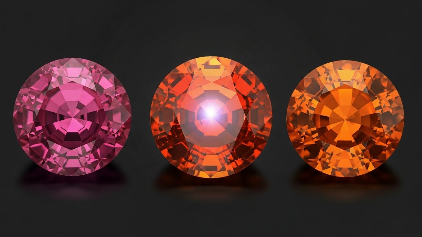 Three top-down views of sapphires in a row. Left: A pure pink sapphire. Right: A pure orange sapphire. Center: A glowing, sunset-hued Padparadscha. Scientific lighting, minimal background.