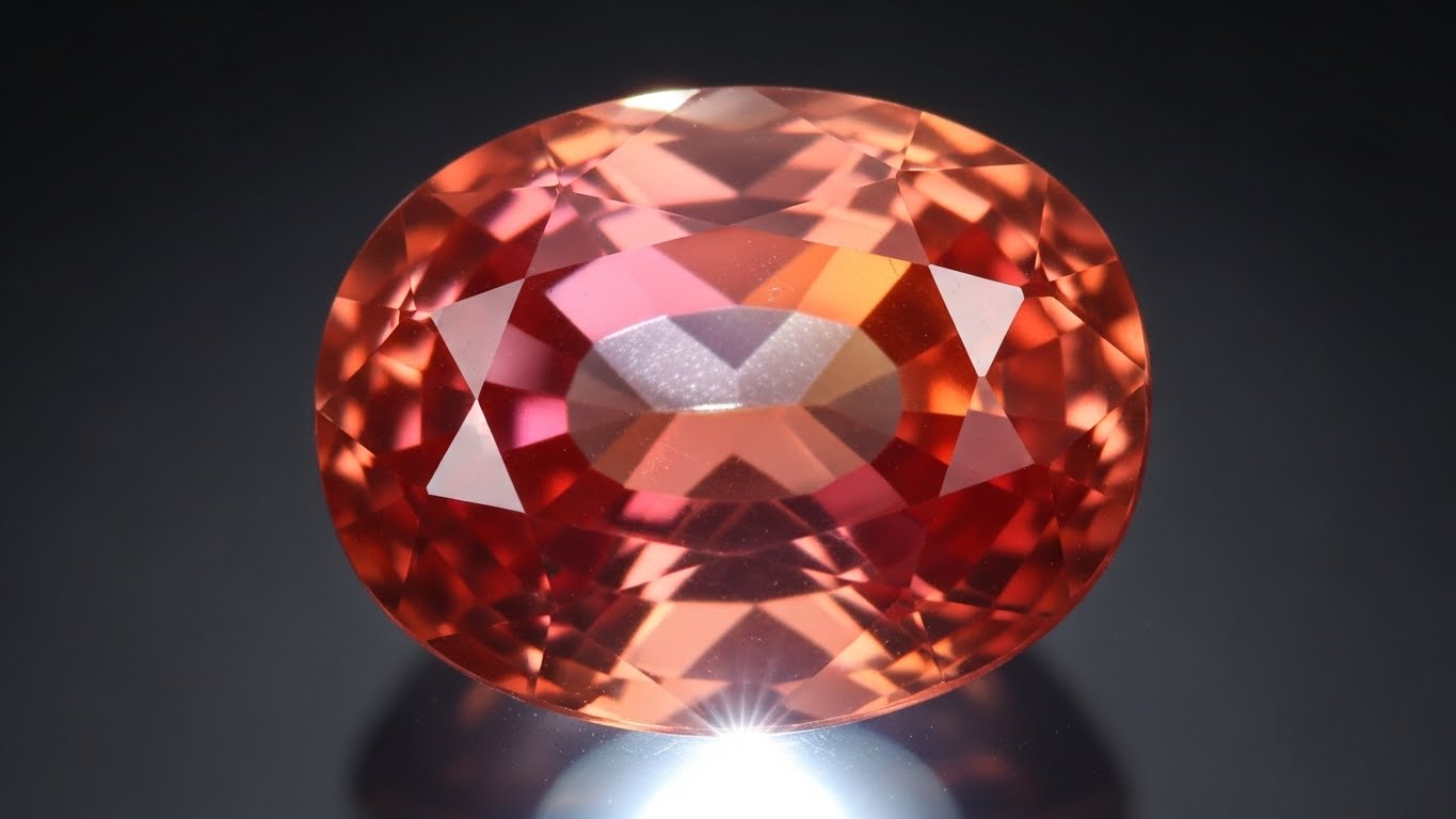 Macro view of a fine pink-orange Padparadscha Sapphire showing the balanced hue and saturation.