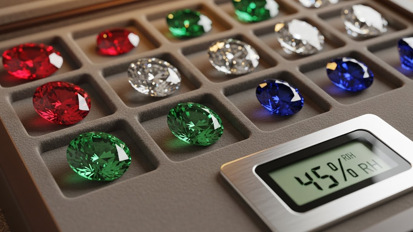 Proper storage of loose gemstones in a climate-controlled, compartmentalized tray.