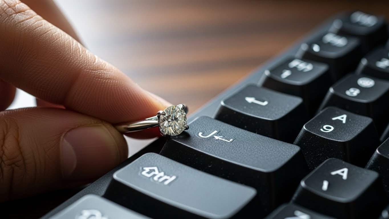 Close-up of an engagement ring being worn while typing on a keyboard, illustrating the durability needed for daily wear and Mohs hardness.