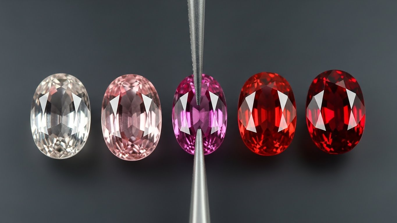 Gemstone color gradient showing the transition from pink sapphire to ruby according to GIA standards.