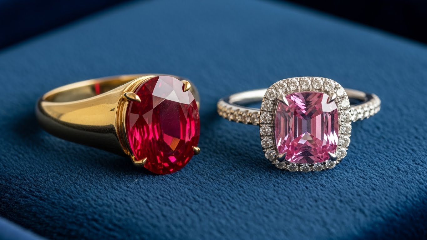 Comparison of ruby and pink sapphire engagement ring designs in gold and platinum.