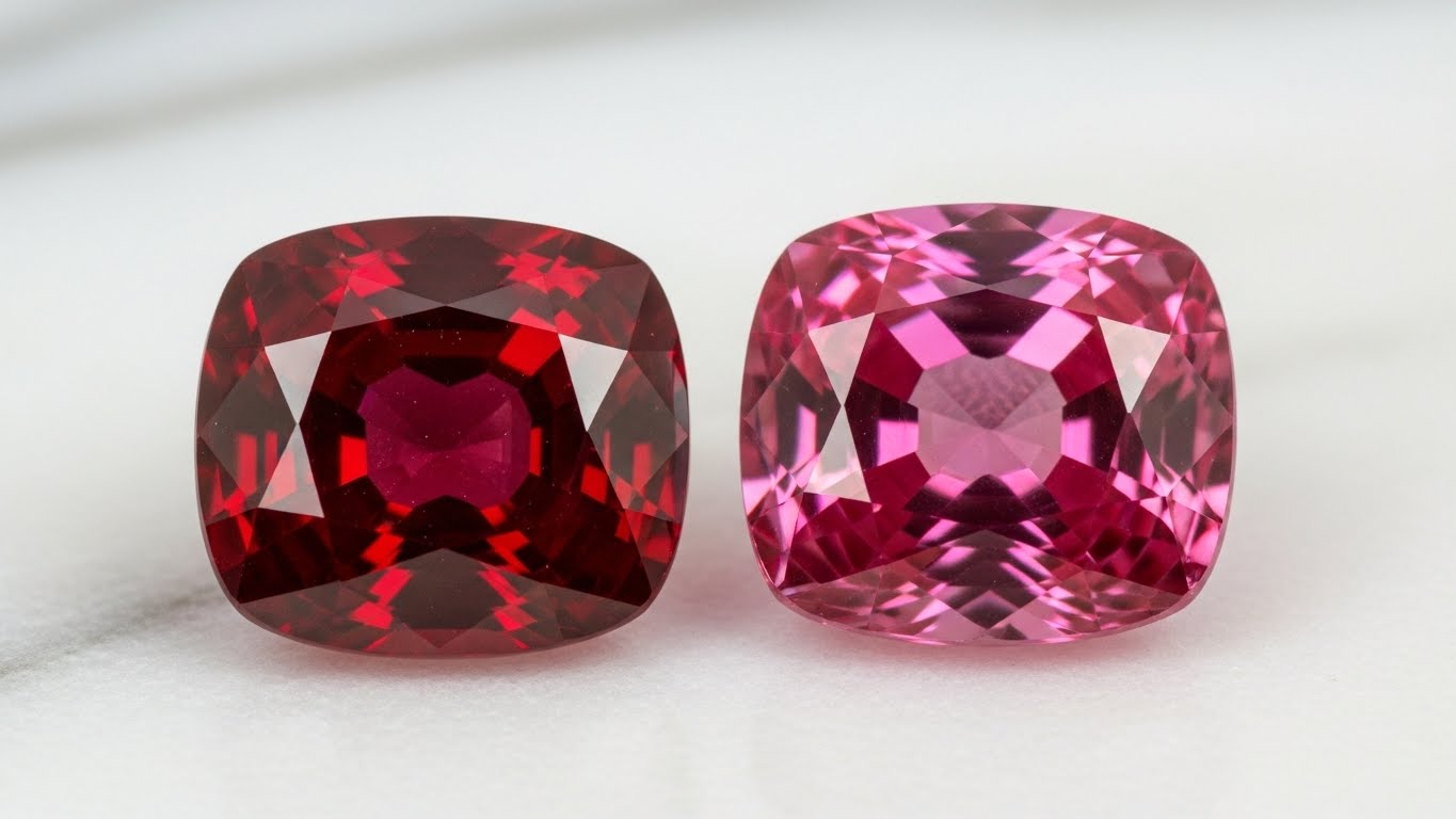 Side-by-side comparison of an investment-grade ruby and a vivid pink sapphire for high-end jewelry.