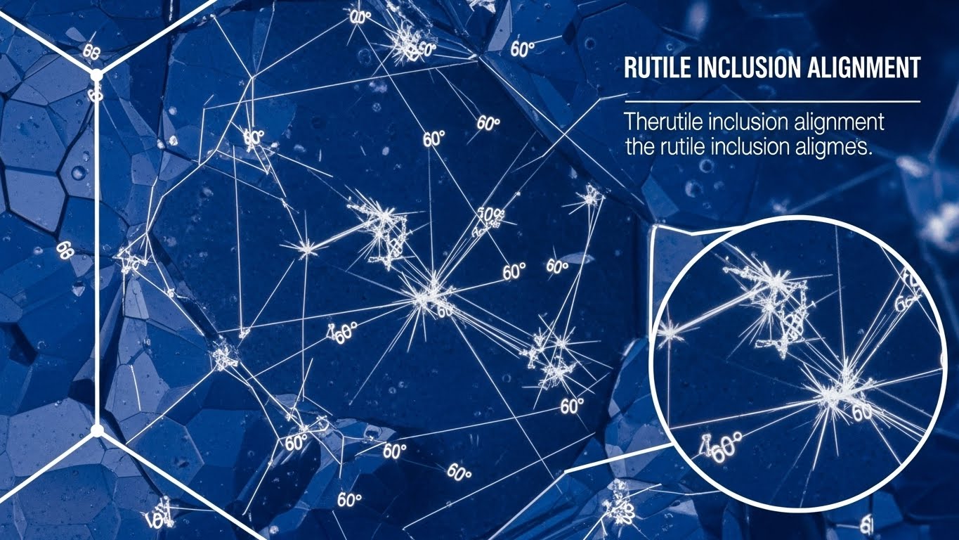 Micro-view diagram of rutile inclusions (fine needles) perfectly aligned in three sets within a blue sapphire crystal structure, explaining the cause of asterism.