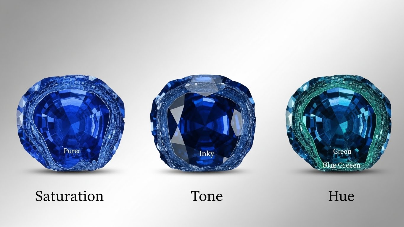 Visual comparison graphic demonstrating different levels of hue, tone, and saturation in a sapphire buying guide.