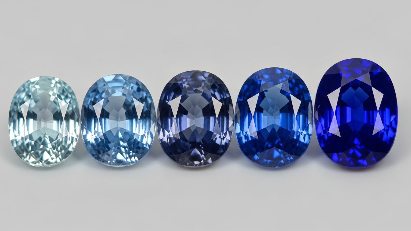 Comparison of sapphire color saturation from light to vivid royal blue.