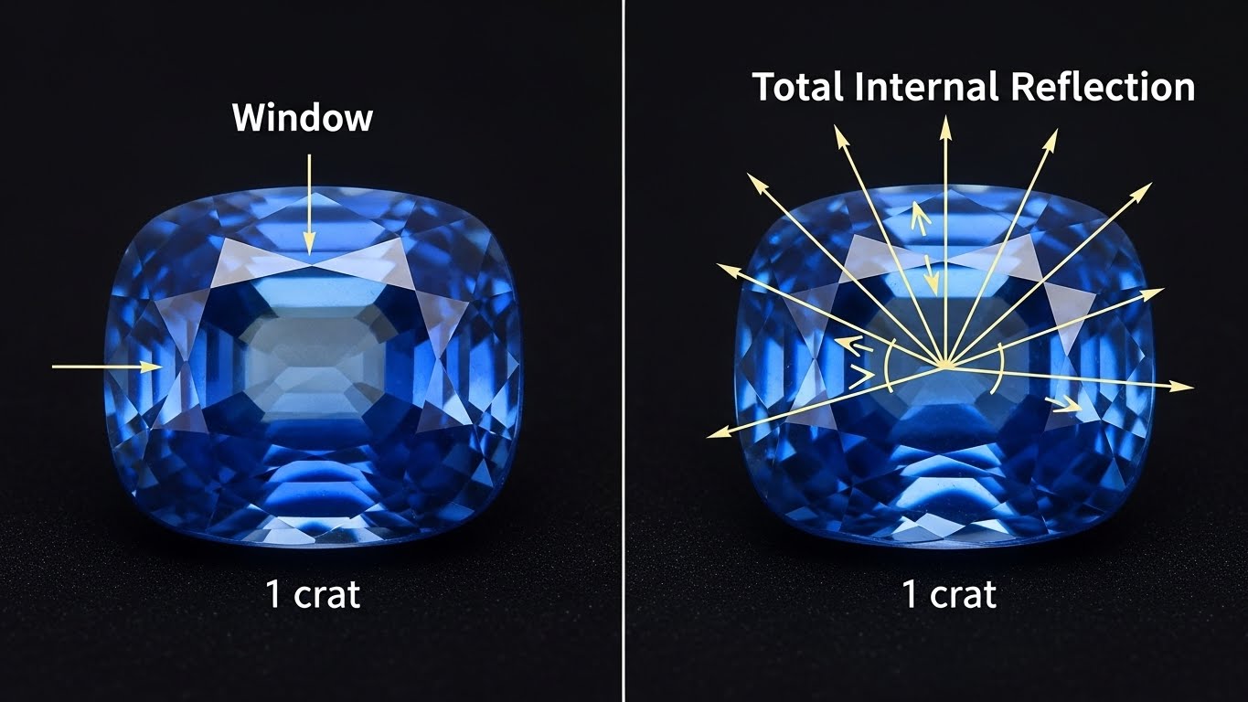 Diagram showing the difference between a well-cut sapphire and a windowed stone.