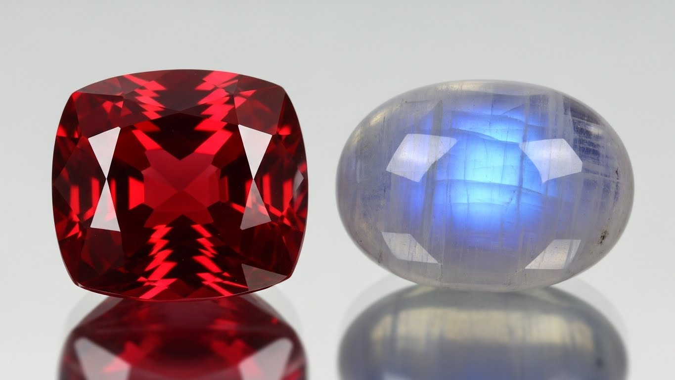 Macro shot of a Cat's Eye Chrysoberyl cabochon and a faceted Red Spinel, illustrating two different types of prized Sri Lanka Gemstones.