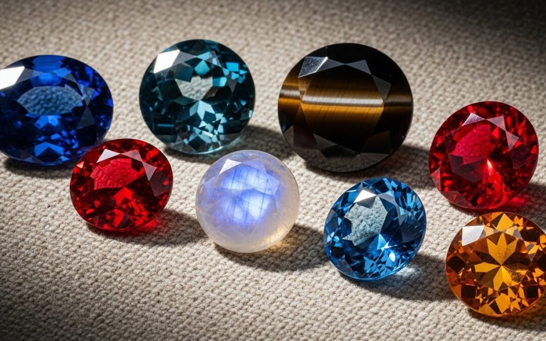 Flat lay of 7 colorful Sri Lanka gemstones, including Ceylon Sapphires and Alexandrite, for a collector's visual guide.