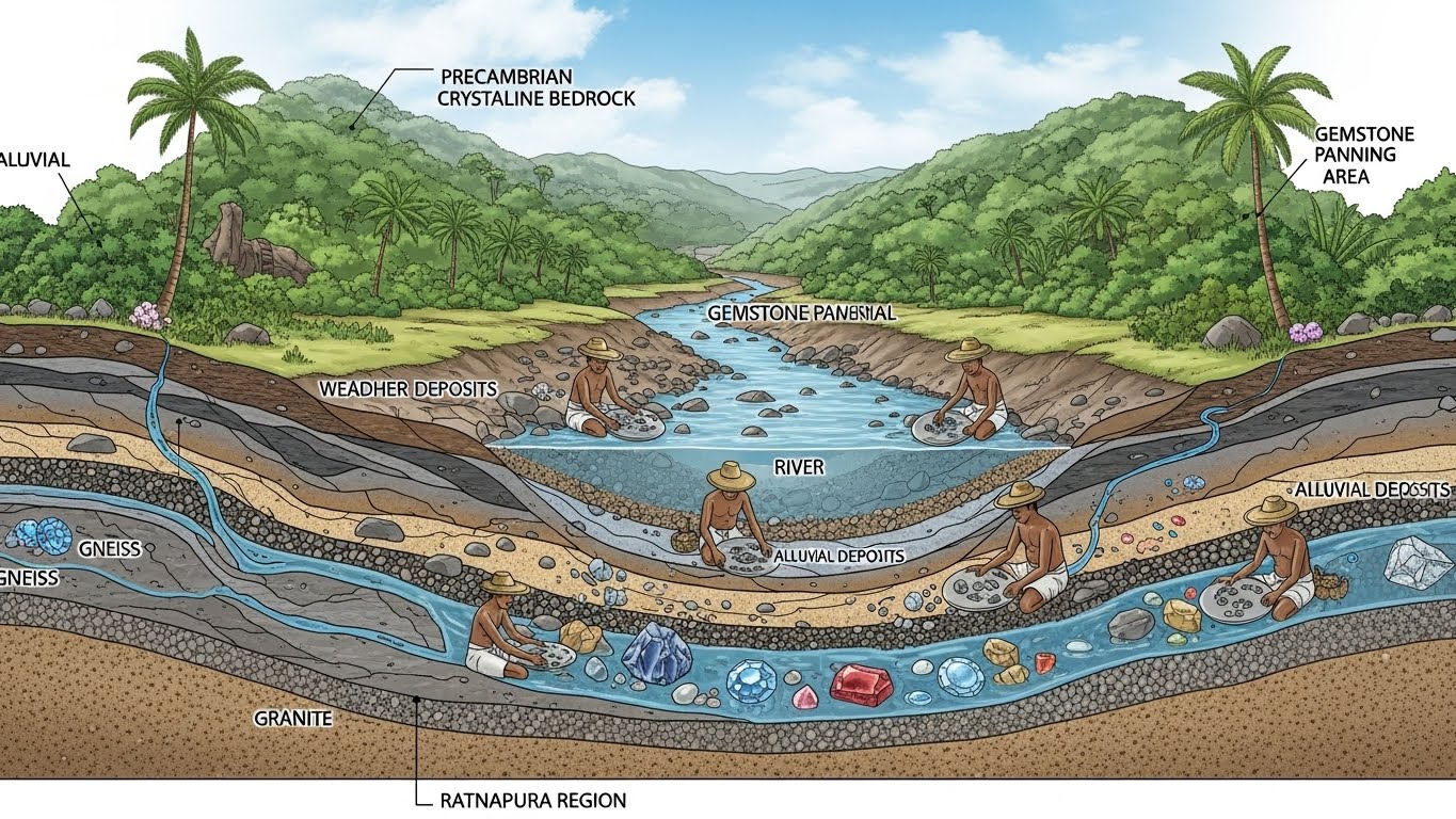 Geological cross-section showing how ancient rock formations lead to alluvial gem deposits, explaining the Ceylon Effect's source.