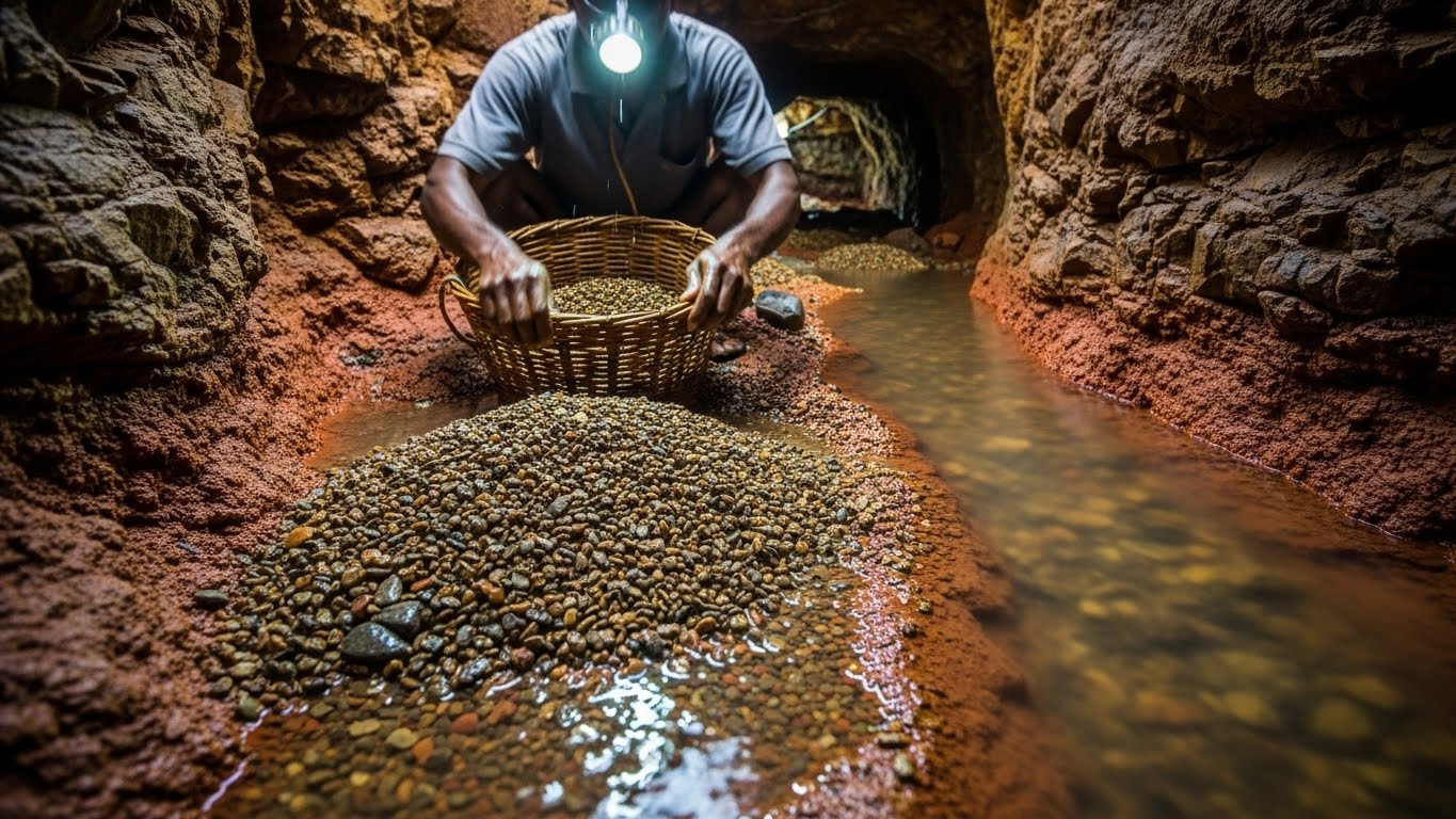 Traditional Sri Lankan gem mines operation: A miner sifting gravel (illam) from a river, illustrating the age-old methods used in the history of Ratnapura.