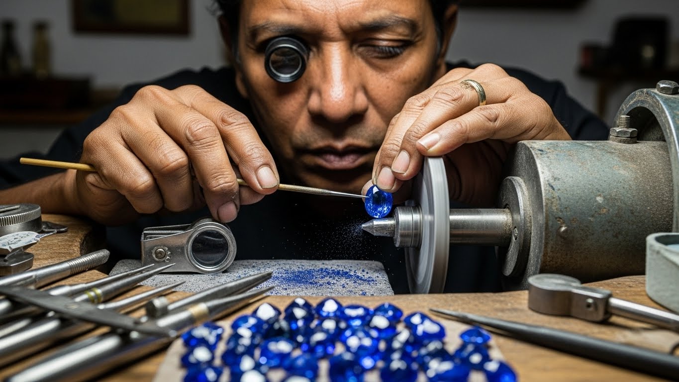 Close-up of a master Sri Lankan lapidary cutting a Ceylon sapphire, demonstrating the high-skill artistry and value addition in the Mine to Market model.