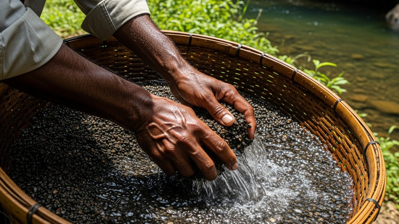 Close-up of a miner performing the traditional, hand-washing technique, showcasing sustainable Ceylon gemstones extraction without chemicals.