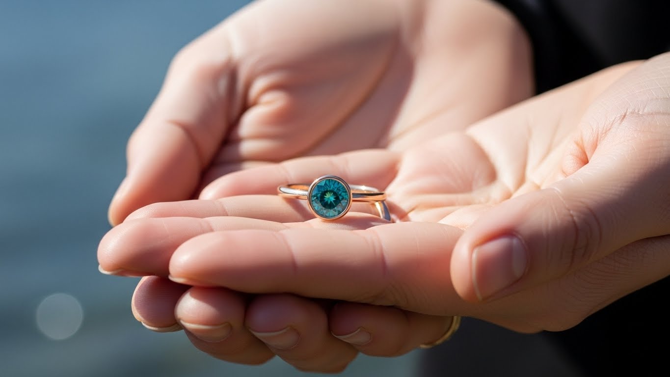 Modern rose gold teal sapphire engagement ring being held, representing the rising trend of teal sapphires for couples prioritising ethical sourcing.