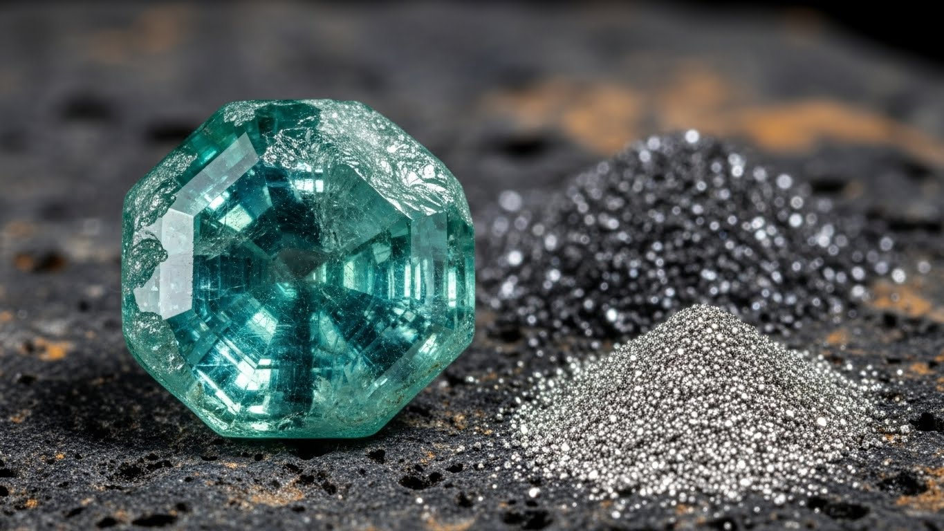 Raw teal sapphire crystal next to iron and titanium trace elements, explaining the geological origin of the unique color.