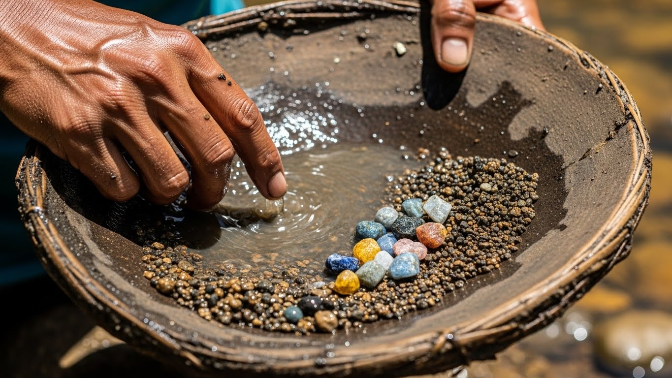Traditional, small-scale gem mining in Ratnapura, Sri Lanka, showing a miner's hands sifting gravel in a wooden panning basket for a Sri Lanka gemstone.