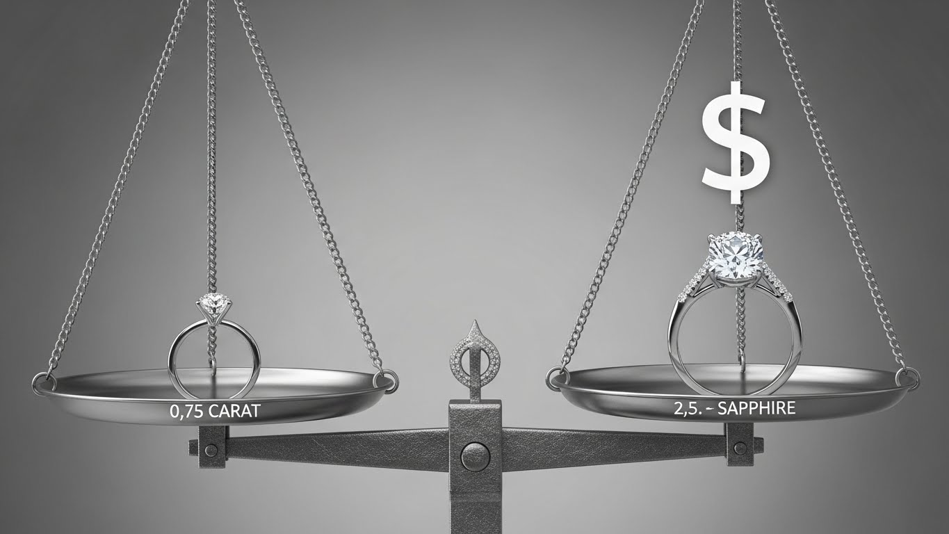 Visual comparison of size-to-price ratio: a small diamond ring and a significantly larger White Sapphire ring balancing evenly on a scale.