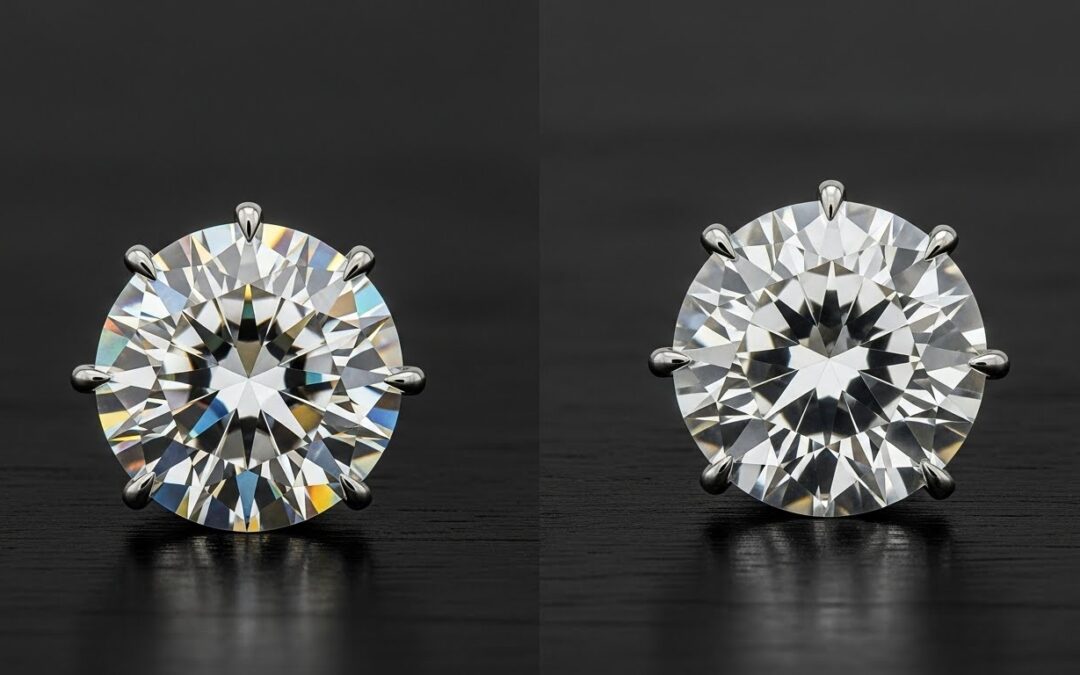 Side-by-side comparison of a brilliant-cut Diamond (fire) and a White Sapphire (silvery glow) for an engagement ring.